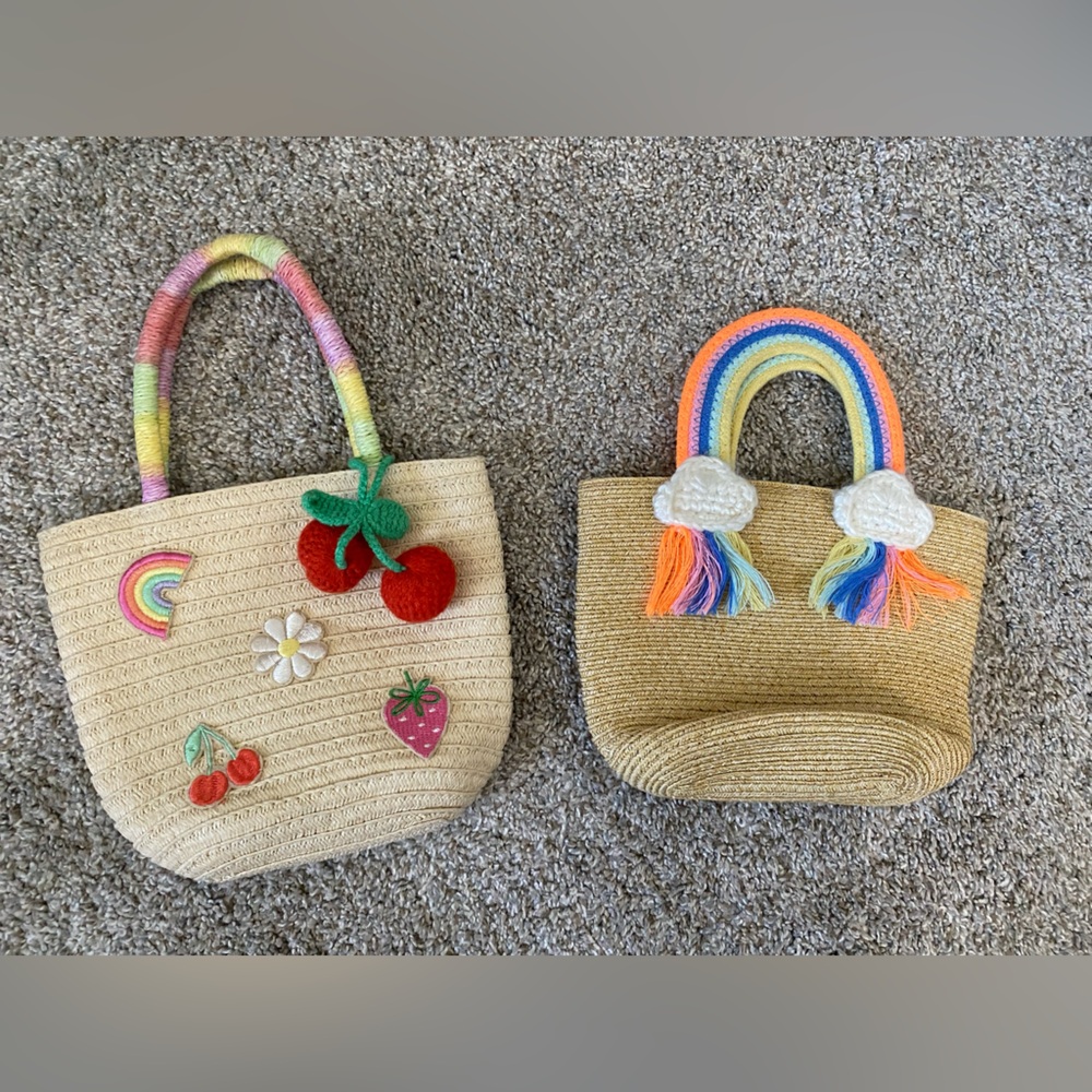 Cat & Jack Kids Straw Totes with Rainbow Handles and Fruit Patches - Multicolor